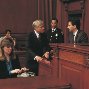 image of high net worth individuals talking to a judge in a courtroom