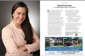 Right: headshot of Jess DeFelice. Left: Article titled "Beyond Insurance - The Simpson|McCrady Difference"